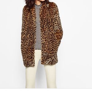 Zara longline faux fur leopard print lapel coat
